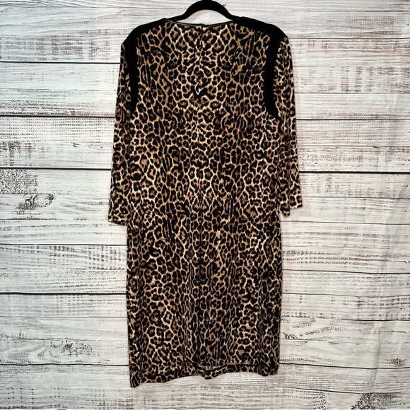Chico's 3 XL Animal Annie Dress Leopard Spot 3/4 Sleeve Stretch Shift Midi NWOT - Picture 3 of 10